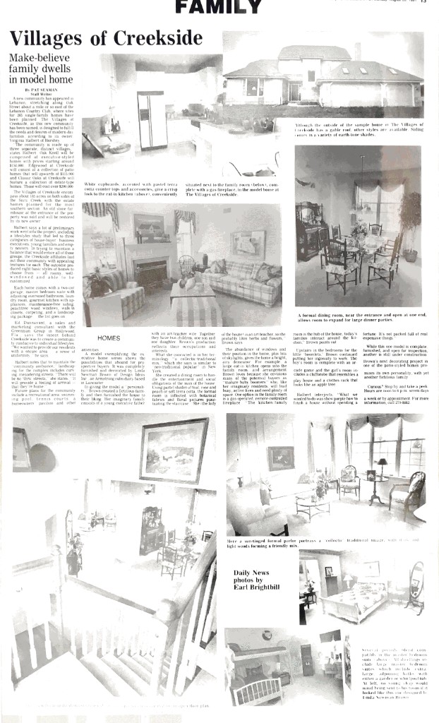 Newspaper feature headlined “Villages of Creekside — Make-believe family dwells in model home,” by Pat Seaman, with photos by Earl Brightbill