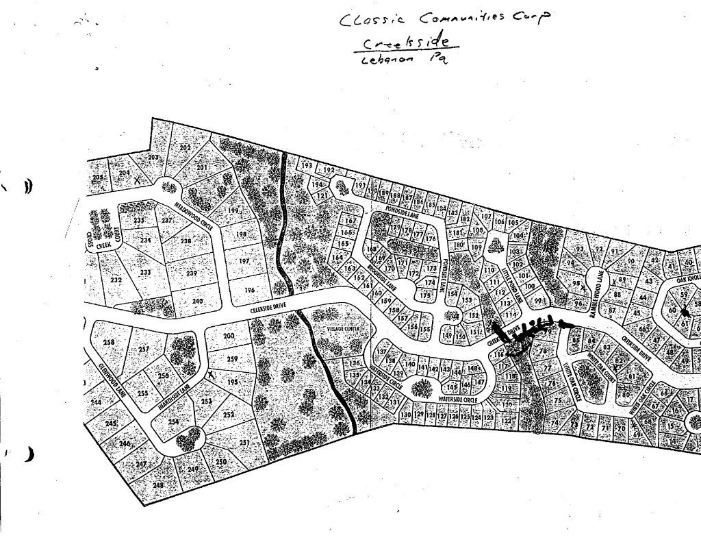 Original hand-annotated site plan for The Villages of Creekside in Lebanon, PA, labeled at the top in Jim Halbert's handwriting: Classic Communities Corp — Creekside — Lebanon, Pa